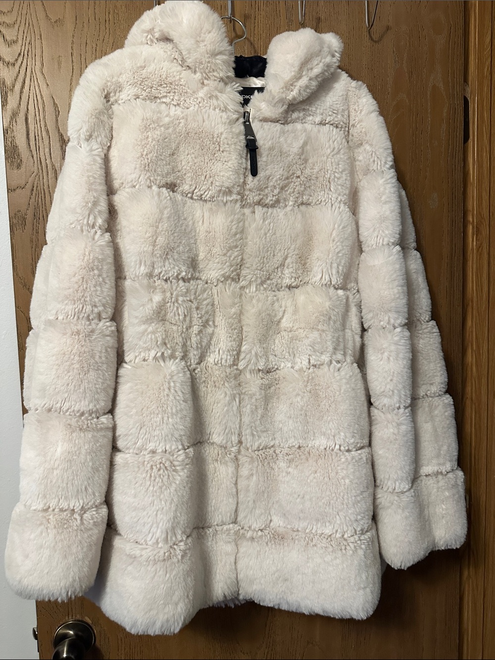 DKNY Cream Plush Faux Fur Teddy Jacket with Hood
